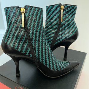 MICHEL PERRY Unique Green and Black Weave Leather Stiletto Bootie - Size 38.5